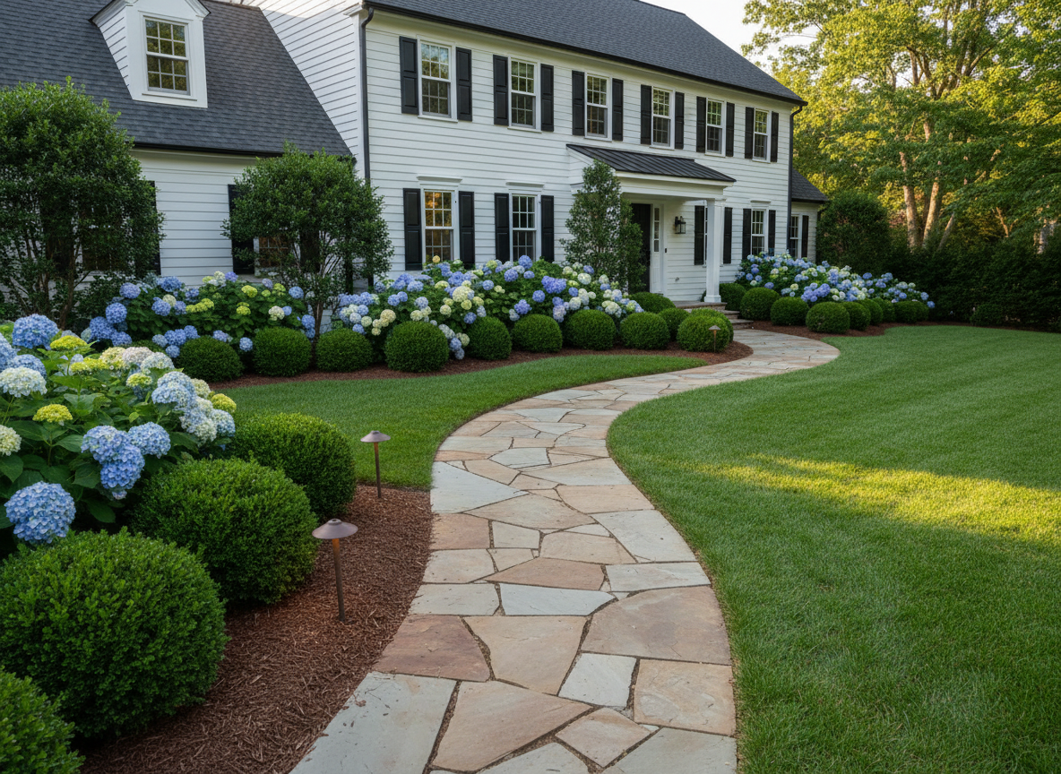 A meticulously manicured residential front yard featuring a lush emerald lawn, cleanly edged along a winding natural-stone walkway leading to a modern New England-style home. Deep green foundation plantings, sculpted boxwoods, and flowering hydrangeas frame the entrance, complemented by low-voltage bronze path lights. Soft late-afternoon sunlight casts gentle shadows across the crisp lawn, highlighting the contrast between turf, stone, and dark mulch beds. Photographic realism, shot from a slightly elevated angle using the rule of thirds, with sharp focus throughout to showcase premium landscaping quality. The mood is sophisticated and welcoming, conveying high-end professional landscape design and maintenance without any people present.