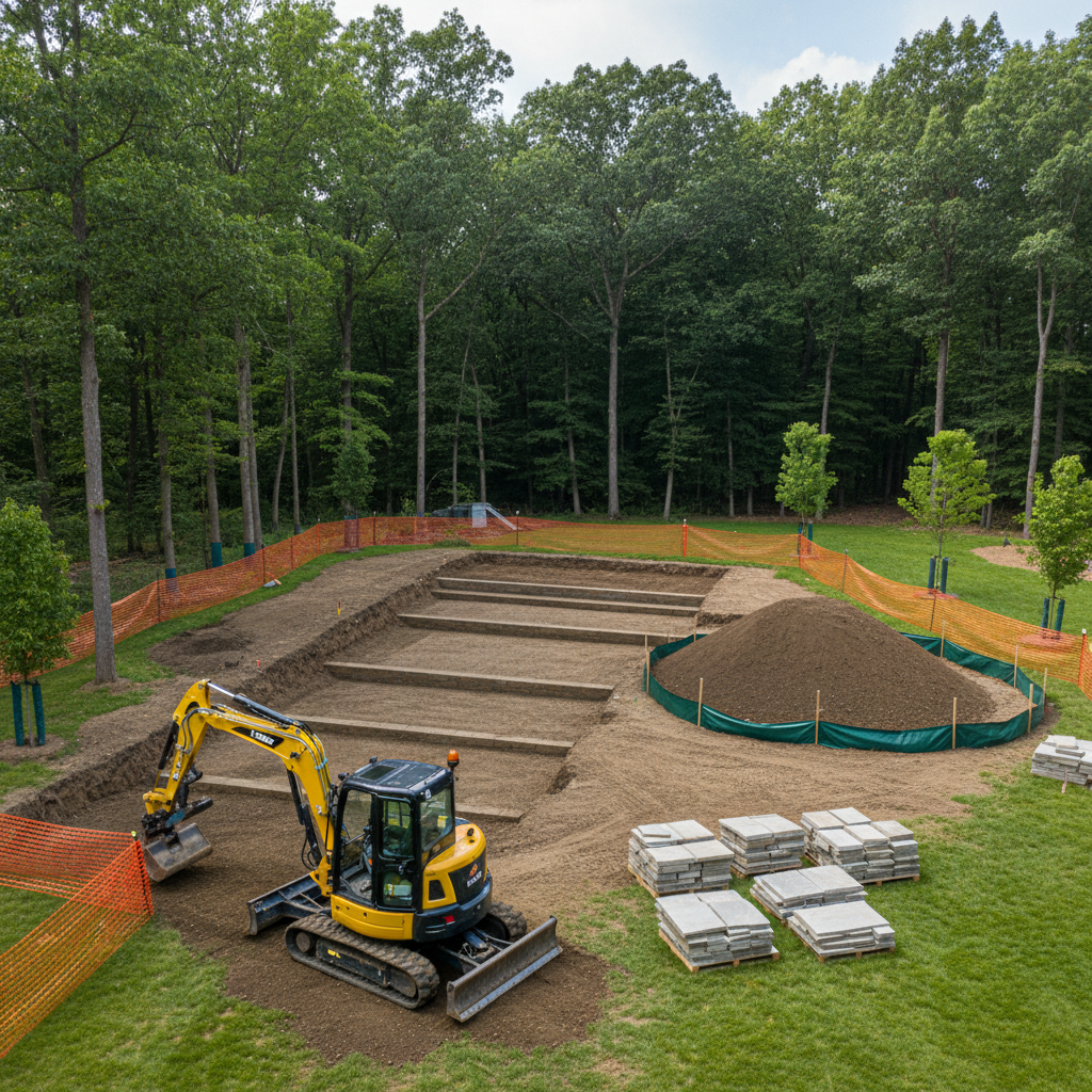 An active excavation and site-prep scene on a large residential property, featuring a clean, modern compact excavator precisely shaping a future terrace area. Freshly graded soil terraces step down toward a wooded backdrop, with piles of screened topsoil and neatly stacked stone pallets ready for hardscape installation. The surrounding untouched lawn and trees remain protected by temporary barriers and silt fencing, subtly suggesting environmental care. Bright but slightly overcast daylight provides even, diffused lighting with minimal harsh shadows, emphasizing texture in the soil and machinery. Photographic realism, shot from a slightly elevated three-quarter view for a clear sense of scale and organization. The mood is professional, orderly, and methodical, highlighting premium excavation and site work as a foundation for refined landscaping.