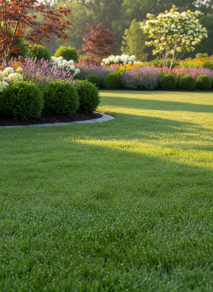 A serene, high-end backyard lawn and garden scene at peak summer: a flawlessly uniform green lawn stretches across the frame, framed by curved planting beds with layered shrubs, flowering perennials, and ornamental trees. A dark mulch ring cleanly separates turf from plantings, and an elegant stone garden edge subtly guides the eye. Early morning sunlight creates a soft, dewy shimmer on the grass blades, with long, gentle shadows adding depth. Photographic realism with a low-angle composition close to the lawn surface, using moderate depth of field so the foreground grass is in crisp focus while the garden beds softly recede. The atmosphere is calm, luxurious, and meticulously maintained, emphasizing premium lawn care and garden management for discerning homeowners.